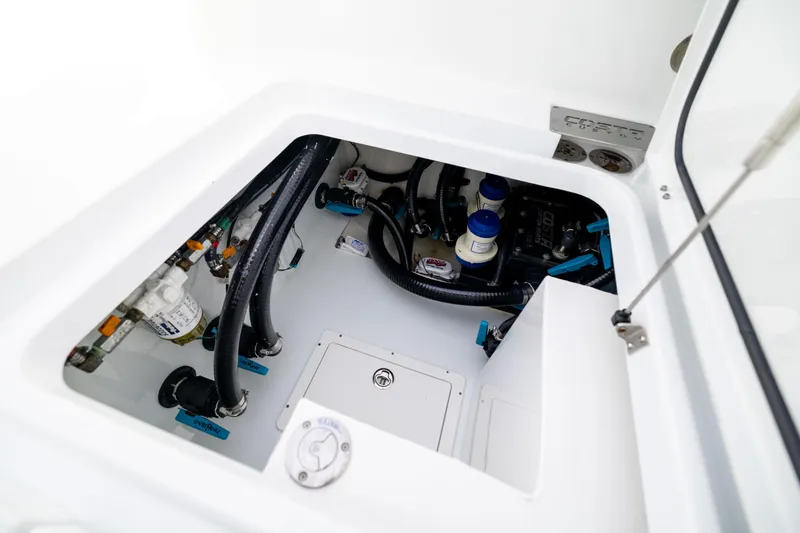 Yacht Photos Pics 2024 Costa Custom Boats 34 SV engine compartment with hoses and components.