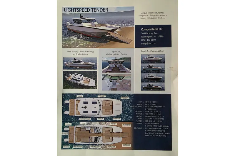 Yacht Photos Pics 2027 Compmillenia Lightspeed Tender brochure showcasing design, features, and customization options.