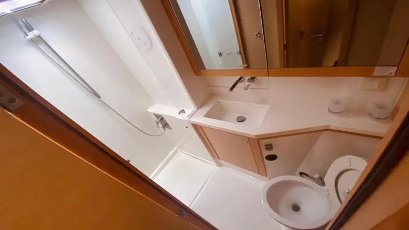  Yacht Photos Pics Bathroom interior of 2017 Lagoon 450 F yacht, featuring shower, sink, and toilet.