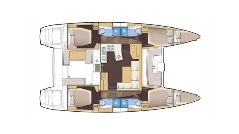  Yacht Photos Pics Floor plan of a 2017 Lagoon 450 F catamaran, featuring cabins and living areas.