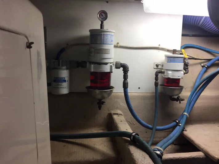  Yacht Photos Pics Engine room of a 1989 Viking 41 Sportfish Convertible boat.