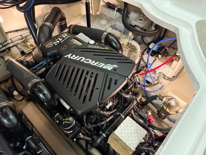  Yacht Photos Pics Engine compartment of a 2008 Sea Ray 340 Sundancer with a Mercury engine.