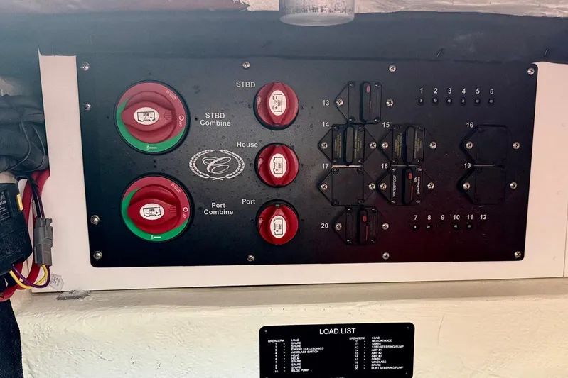 Drama Free Yacht Photos Pics Control panel of a 2022 Cobalt R30 boat with switches and circuit breakers.