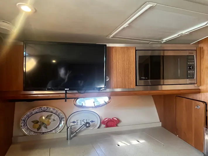 Papa Joe Yacht Photos Pics 2006 Tiara Yachts 3600 Open interior with TV, microwave, and decorative plates.