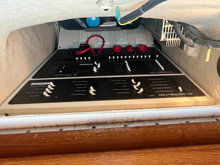 Papa Joe Yacht Photos Pics Electrical panel of a 2006 Tiara Yachts 3600 Open, featuring AC and DC distribution.