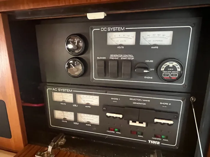 Papa Joe Yacht Photos Pics Electrical control panel on a 2006 Tiara Yachts 3600 Open, featuring DC and AC systems.