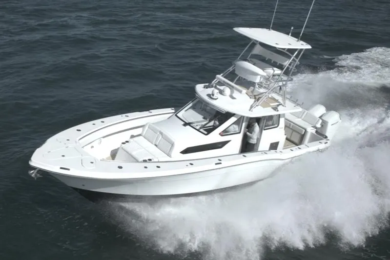 New! Hybrid Design Yacht Photos Pics 2025 Century NAV4100 CC-H boat cruising on open water.