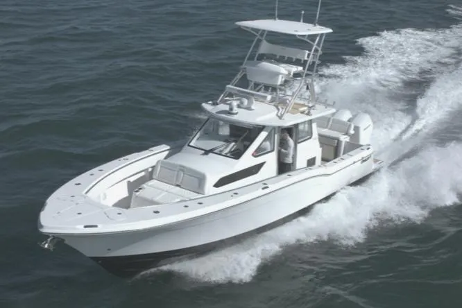 New! Hybrid Design Yacht Photos Pics 2025 Century NAV4100 CC-H boat cruising on open water.