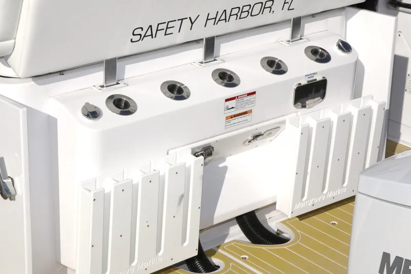 New! Hybrid Design Yacht Photos Pics 2025 Century NAV4100 CC-H boat deck with rod holders, Safety Harbor, FL.