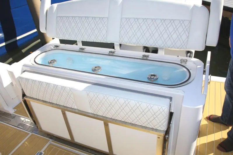 New! Hybrid Design Yacht Photos Pics 2025 Century NAV4100 CC-H boat seating with integrated storage and elegant design.