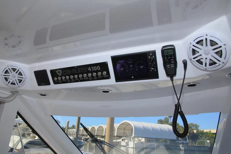 New! Hybrid Design Yacht Photos Pics Control panel of 2025 Century NAV4100 CC-H boat with speakers and radio.