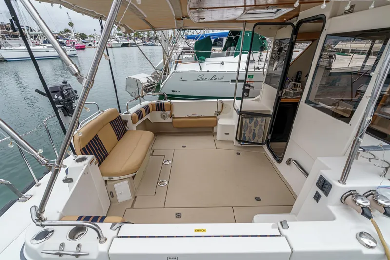 C-worthy III Yacht Photos Pics 2014 Cutwater C-30 SC LE boat interior with seating, docked at marina.