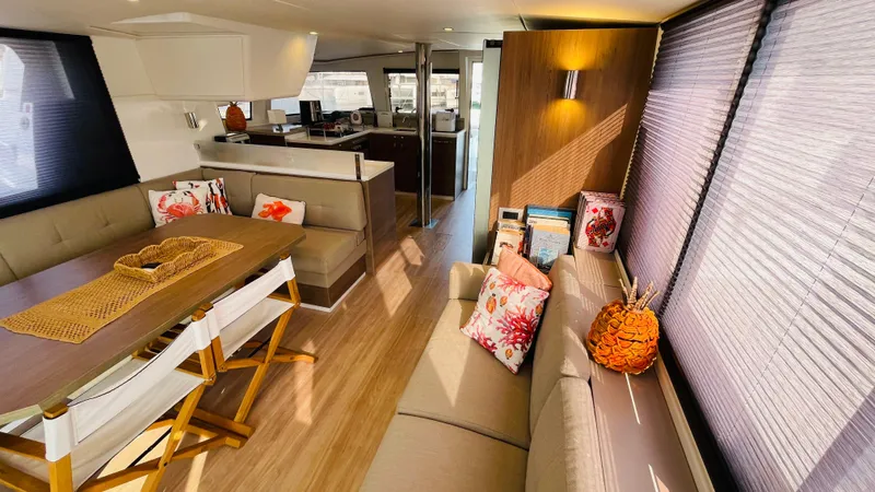  Yacht Photos Pics Luxurious interior of 2022 Bali 4.4 yacht with modern decor and comfortable seating.