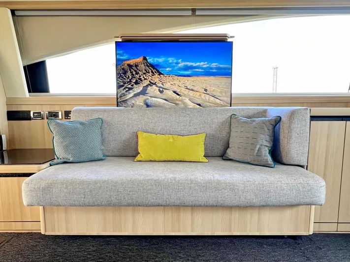  Yacht Photos Pics Luxurious 2006 Princess V70 yacht interior with modern sofa and scenic TV display.