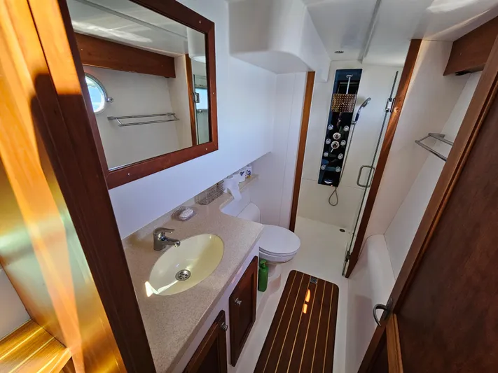 Audrey Louisa Yacht Photos Pics Bathroom interior of 2012 Maine Cat Power Cat 47 with sink, toilet, and shower.