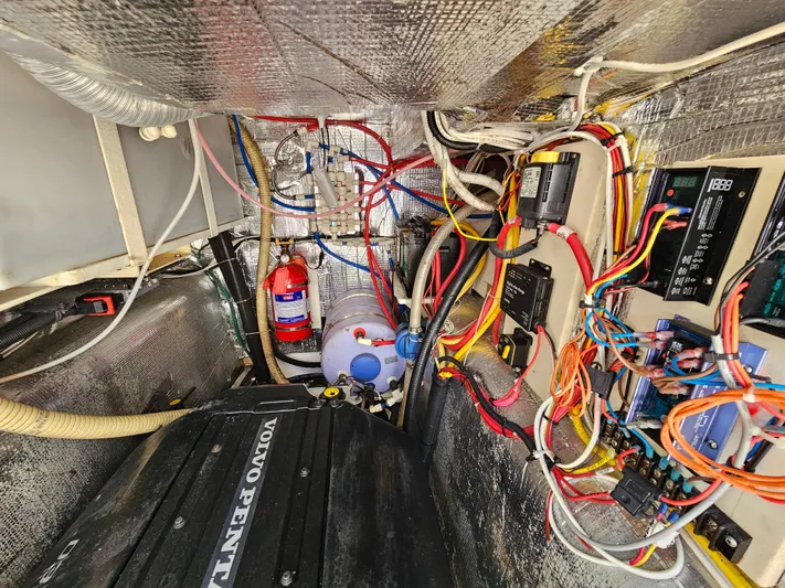 Audrey Louisa Yacht Photos Pics Engine room of a 2012 Maine Cat Power Cat 47 with Volvo Penta engine and wiring.