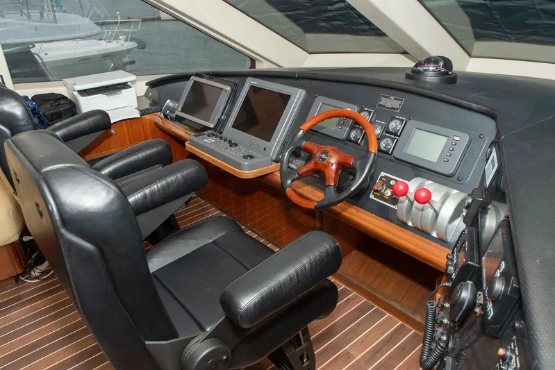 Due South Yacht Photos Pics Pilothouse interior of 2002 Hatteras 63 Raised Pilothouse Motor Yacht with navigation equipment.