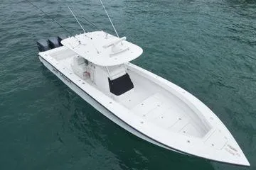 Last Resort Yacht Photos Pics 2013 Bahama 41 Open Fisherman boat on water, featuring triple outboard engines.
