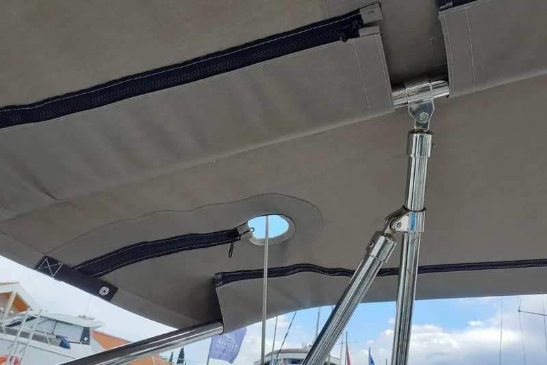  Yacht Photos Pics Bimini top and stainless steel support on 2013 Jeanneau Sun Odyssey 409 sailboat.