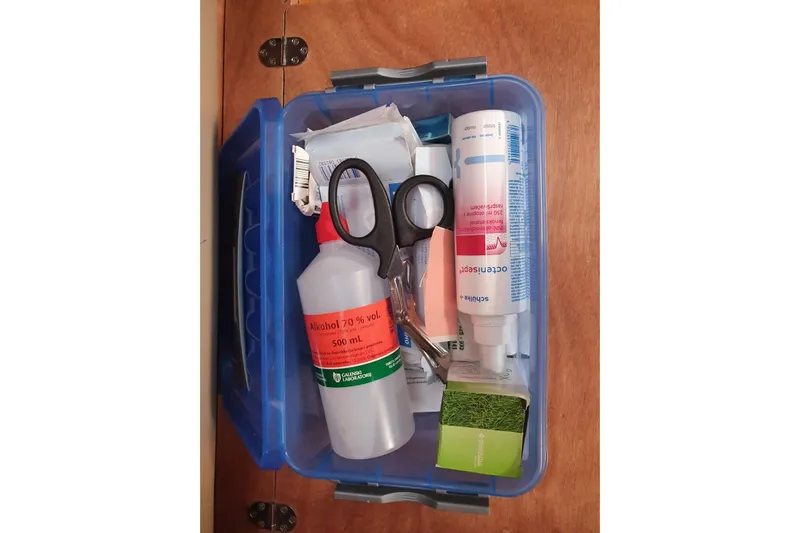  Yacht Photos Pics First aid kit with medical supplies on Jeanneau Sun Odyssey 409, 2013 model.