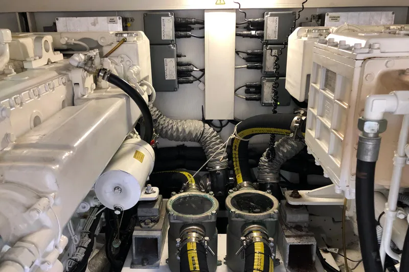  Yacht Photos Pics Engine room of 2014 Azimut Fly 60 yacht with mechanical components and wiring.