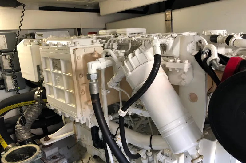  Yacht Photos Pics Engine room of a 2014 Azimut Fly 60 yacht, showcasing complex machinery.