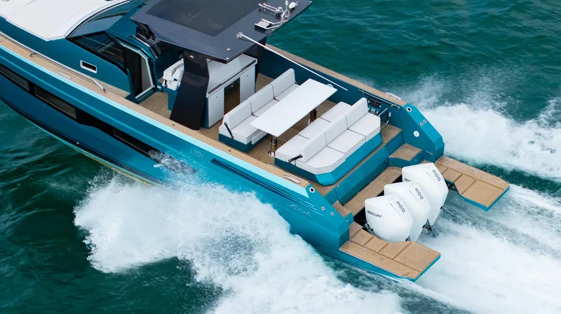 Strade Blu Yacht Photos Pics 2024 Fiart 39 Seawalker yacht cruising on water, featuring sleek design and powerful engines.