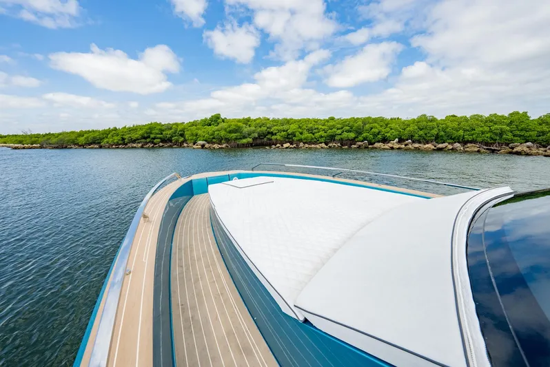 Strade Blu Yacht Photos Pics 2024 Fiart 39 Seawalker yacht cruising on a serene waterway with lush greenery.