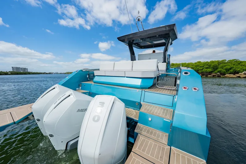 Strade Blu Yacht Photos Pics 2024 Fiart 39 Seawalker yacht with dual Mercury engines on a sunny day.