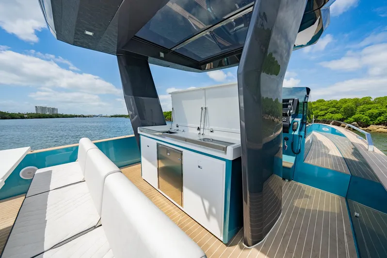 Strade Blu Yacht Photos Pics 2024 Fiart 39 Seawalker yacht with outdoor kitchen and seating, docked by a scenic waterfront.