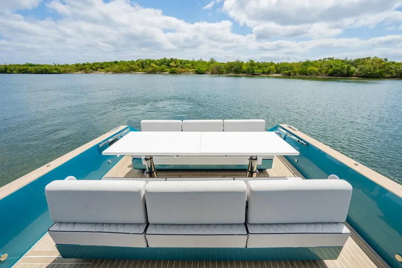 Strade Blu Yacht Photos Pics 2024 Fiart 39 Seawalker yacht with elegant outdoor seating and scenic water view.