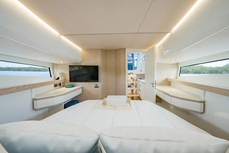 Strade Blu Yacht Photos Pics Luxurious interior of 2024 Fiart 39 Seawalker yacht with modern design and natural lighting.