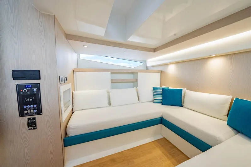 Strade Blu Yacht Photos Pics 2024 Fiart 39 Seawalker interior with modern seating and stylish cushions.