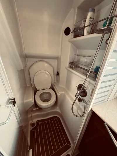Oasis Yacht Photos Pics 2008 Sea Ray 350 Sundancer bathroom with toilet and shower amenities.