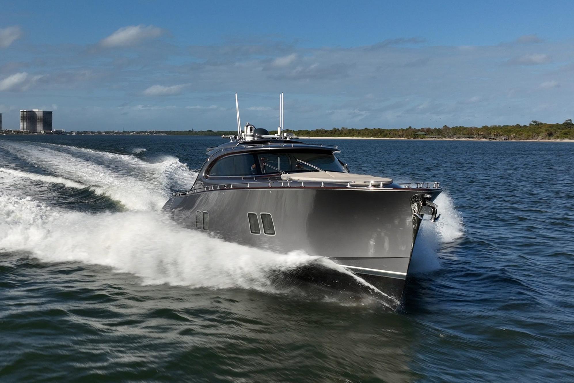 2025 Zeelander Z5 yacht cruising on open water under clear blue skies.