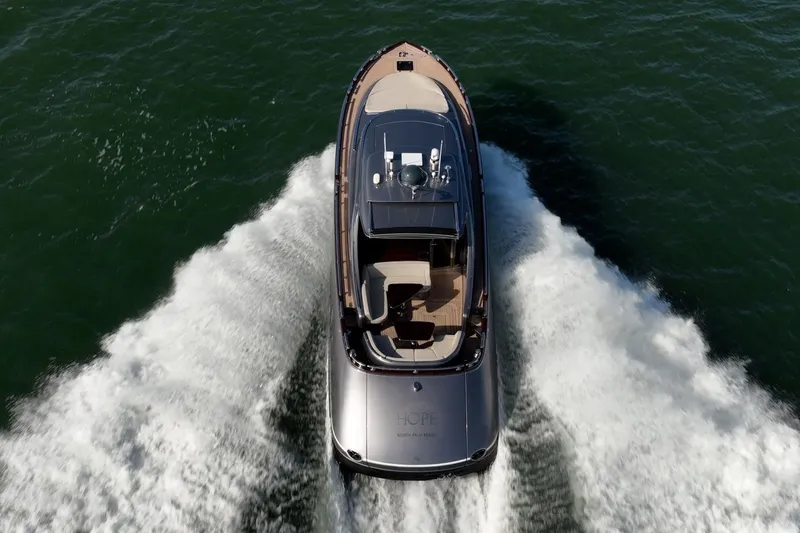 Hope Yacht Photos Pics 2025 Zeelander Z5 luxury yacht cruising on open water, aerial view.