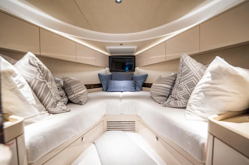 Hope Yacht Photos Pics Luxurious interior of 2025 Zeelander Z5 yacht with plush pillows and modern design.