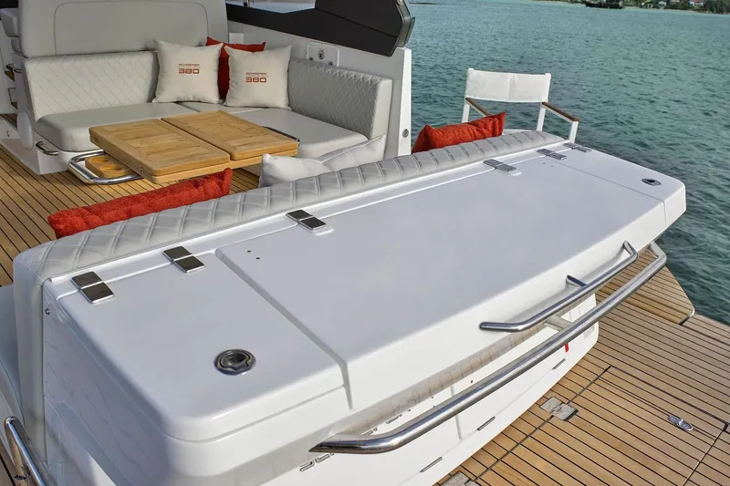  Yacht Photos Pics Luxury Schaefer 380 yacht deck with seating and table, 2025 model.