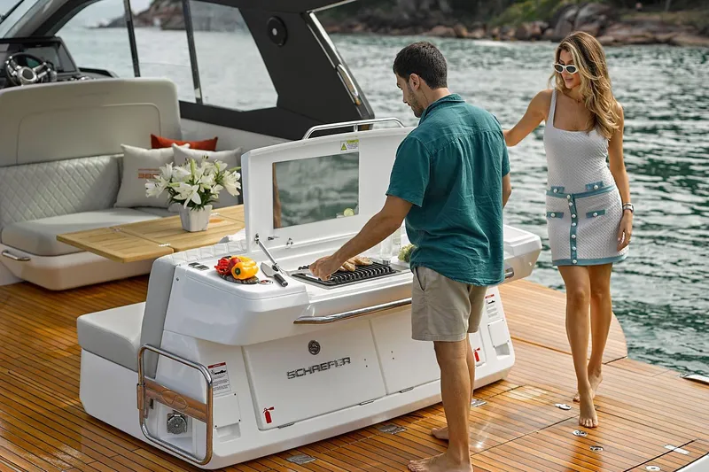  Yacht Photos Pics Couple enjoying a barbecue on a 2025 Schaefer 380 yacht, with scenic water views.