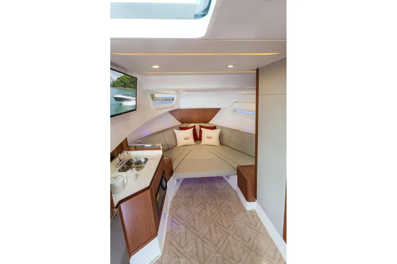  Yacht Photos Pics Luxurious interior of 2025 Schaefer 380 yacht with cozy seating and modern amenities.