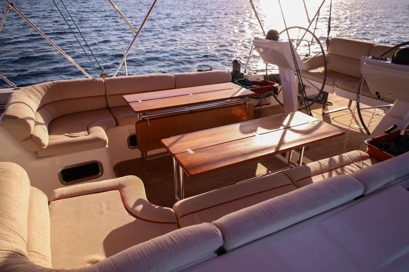 Ayacucho Yacht Photos Pics Luxurious 2008 Hanse 630E yacht deck with elegant seating and ocean view.