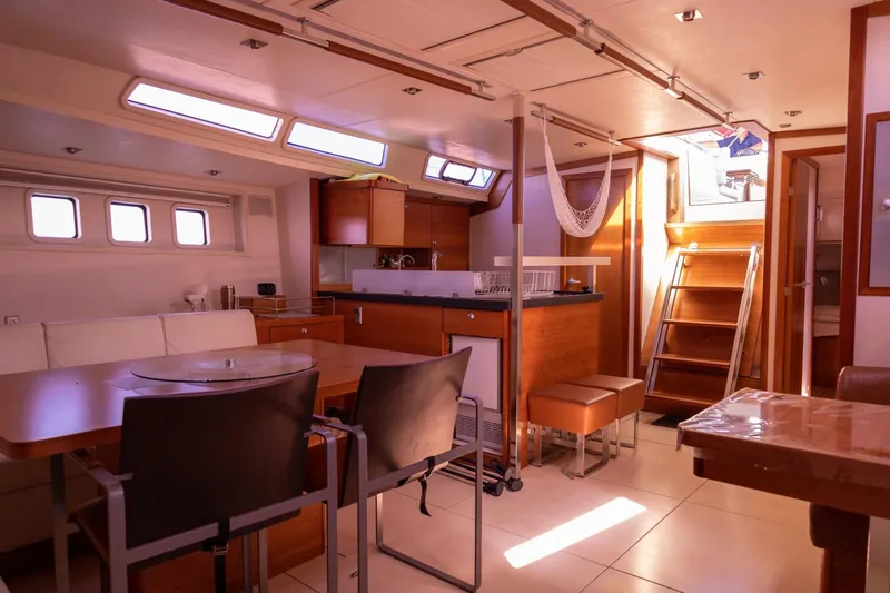 Ayacucho Yacht Photos Pics Luxurious interior of 2008 Hanse 630E yacht with modern kitchen and dining area.