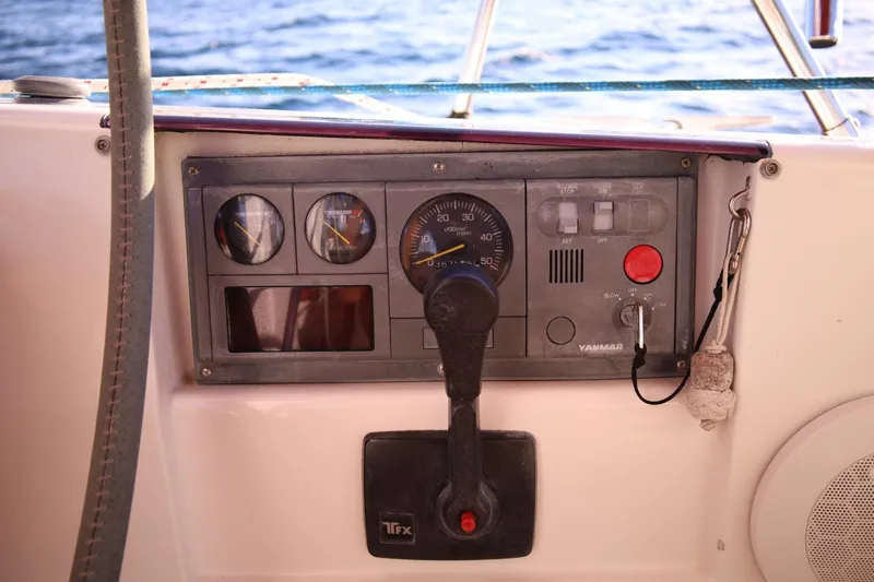 Ayacucho Yacht Photos Pics Control panel of a 2008 Hanse 630E yacht with gauges and throttle.