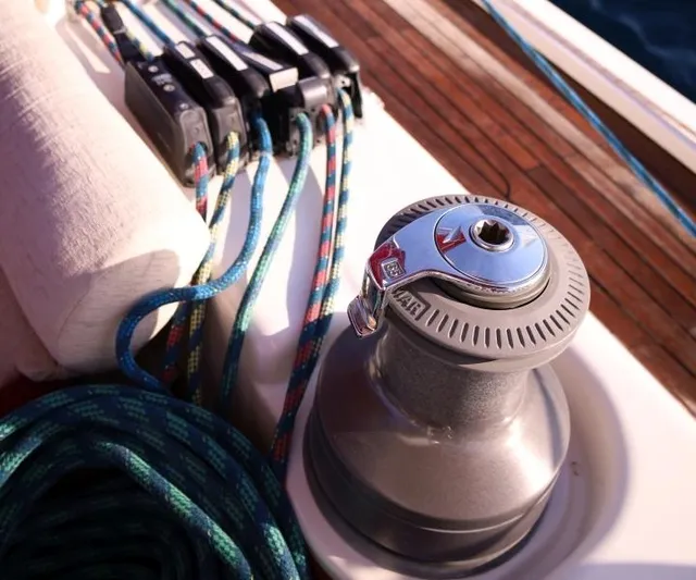 Ayacucho Yacht Photos Pics Winch and ropes on 2008 Hanse 630E yacht deck, showcasing sailing equipment.