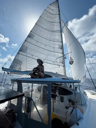 Savannah Yacht Photos Pics Sailing on a 1998 Fountaine Pajot Bahia 46 catamaran under clear skies.