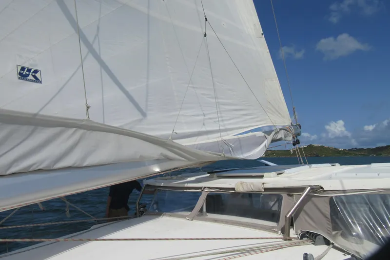Savannah Yacht Photos Pics Sailing on a 1998 Fountaine Pajot Bahia 46 catamaran under clear blue skies.