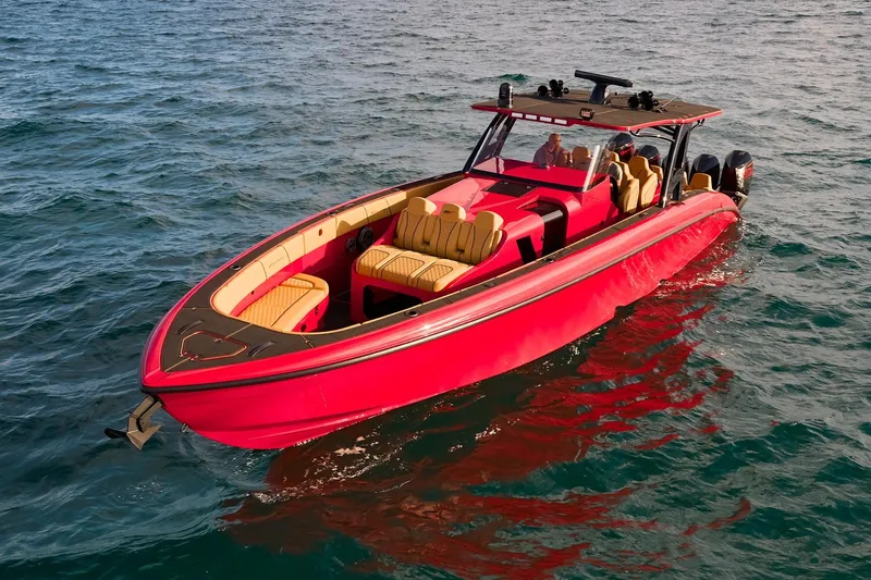  Yacht Photos Pics 2024 Midnight Express 43' Solstice boat in vibrant red on open water.
