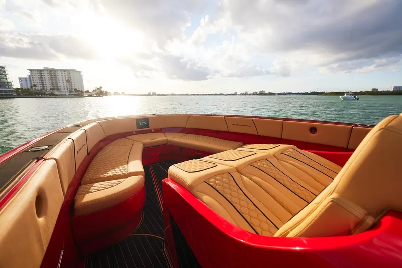  Yacht Photos Pics 2024 Midnight Express 43' Solstice luxury boat interior with sunset view.