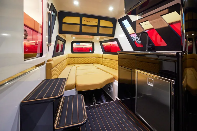  Yacht Photos Pics Luxurious interior of 2024 Midnight Express 43' Solstice yacht with plush seating and modern amenities.
