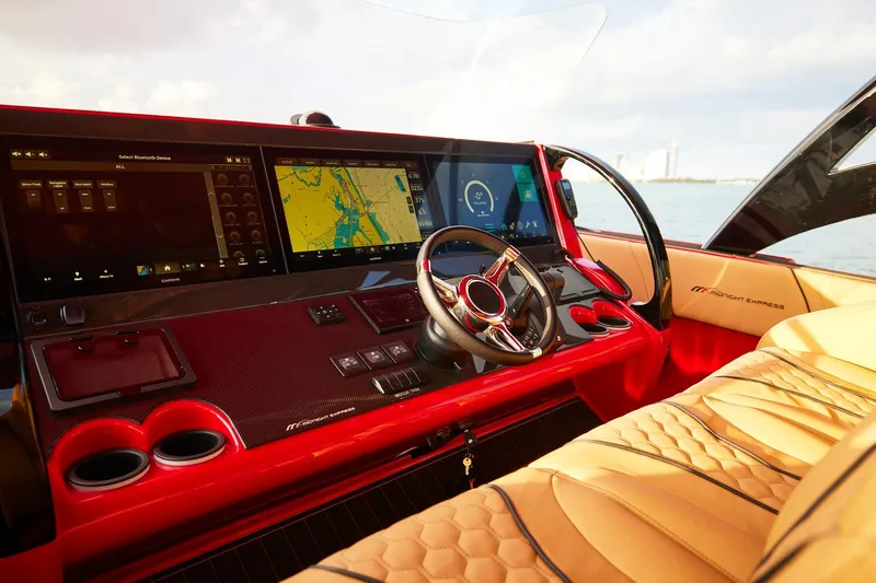  Yacht Photos Pics Luxurious 2024 Midnight Express 43' Solstice boat interior with advanced navigation system.